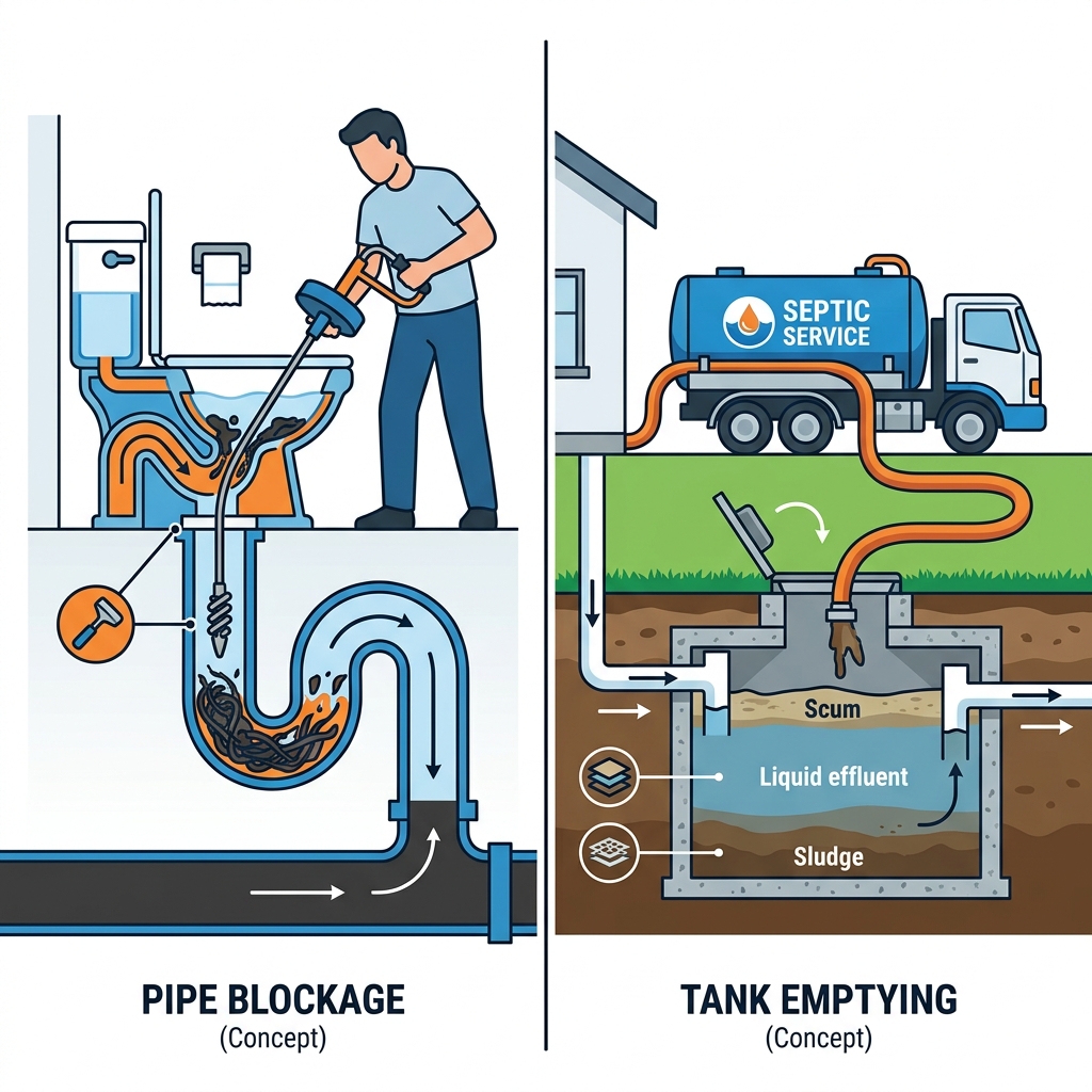 Ilustrasi perbedaan antara sedot WC mampet dan sedot septic tank